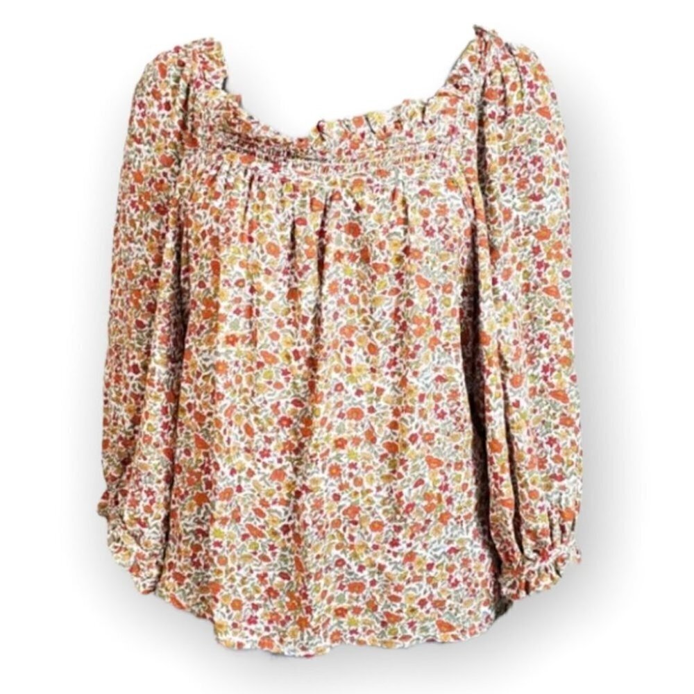 𝅺CYNTHIA Rowley pleated floral print off the shoulder blouse size Medium